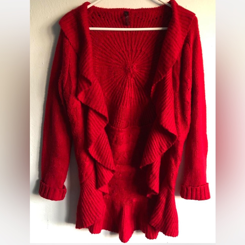 Red Ruffled Open-Front Women’s Sweater - Unbranded